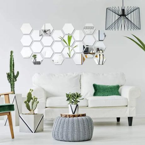 Hexagon 12 Pcs 3D Acrylic Hexagon Sliver Mirror Stickers for Wall