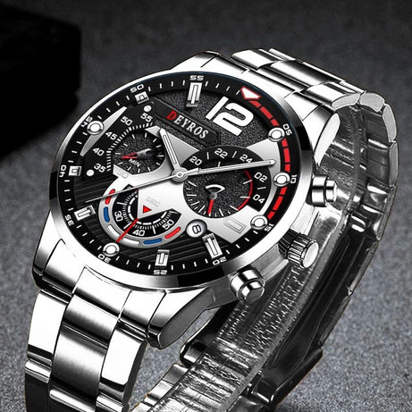 Deyros Stainless Steel Calendar Luminous Clock Dial Analog Luxury Quartz Wristwatch For Men