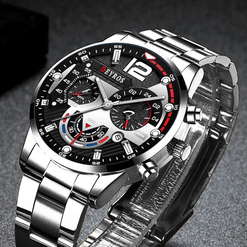 Deyros Stainless Steel Calendar Luminous Clock Dial Analog Luxury Quartz Wristwatch For Men