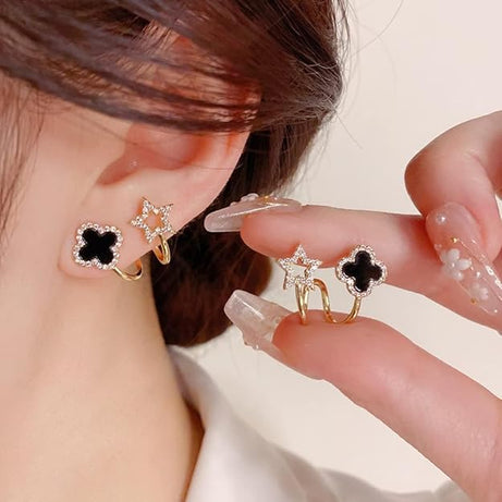 Gold Plated Stone Decor Star Four Leaf Clover Korean Earrings Black Cubic Zirconia Alloy Earring Set For Women