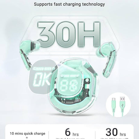 Air39 Wireless Earbuds With Crystal Clear Sound, Bluetooth 5.3, Transparent Case, Heavy Bass Stereo Sound