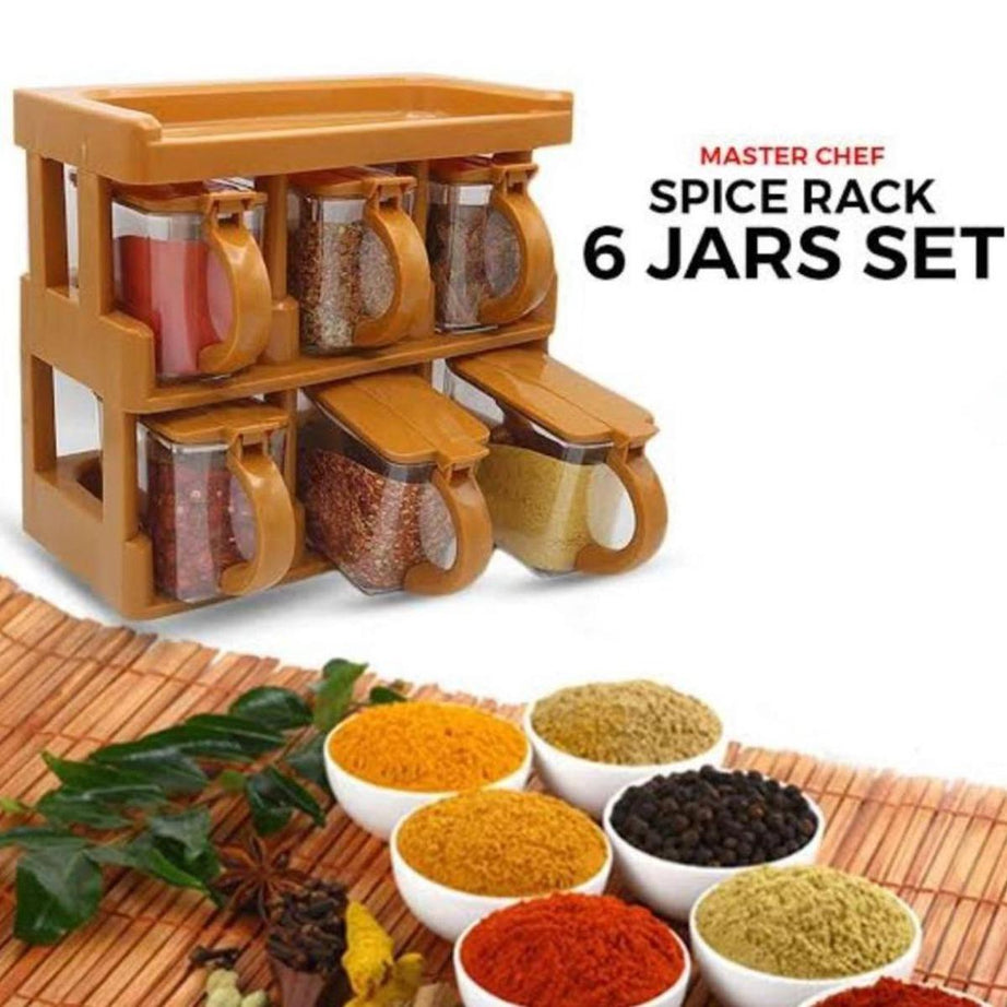 Master Chef 2 Tier Spice Organizer Rack with 6 Jars Set For Kitchen and Outdoor Use