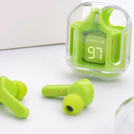 Azaadi Sale Offer Premium Quality Air 31 Transparent Crystal Bluetooth Wireless Earbuds Head Set for Clear Loud & Distortion Free Sound