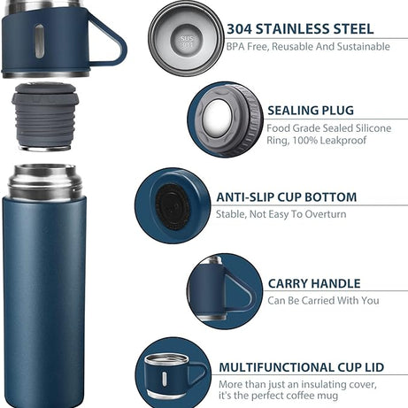 4in1 Stainless Steel Water Bottle 500ml Double Walled Vacuum with 3 Pcs Leak-proof Cups for Gym Home Office and Outdoor Use