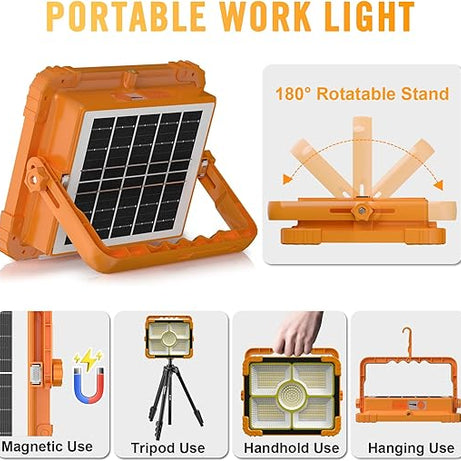 Heavy Duty Portable 100W Rechargeable Work Light with Solar Panel and 5 Modes IP66 Waterproof for Fishing Hiking Repairing
