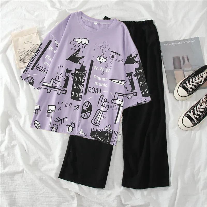 Purple Multi Planets Printed Shirt With Black Trouser