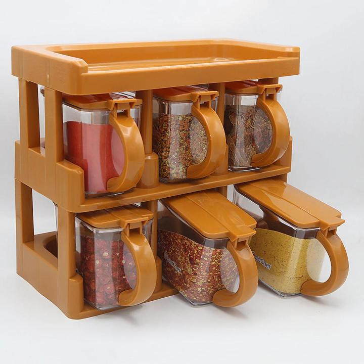 Master Chef 2 Tier Spice Organizer Rack with 6 Jars Set For Kitchen and Outdoor Use