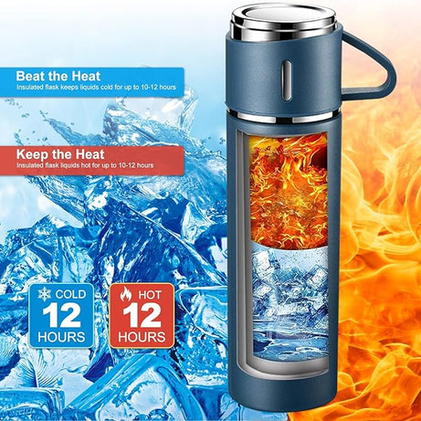 4in1 Stainless Steel Water Bottle 500ml Double Walled Vacuum with 3 Pcs Leak-proof Cups for Gym Home Office and Outdoor Use