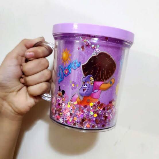 (Pack of 2) New Kids Cartoon Glitter Glass Mug For Boys and Girls