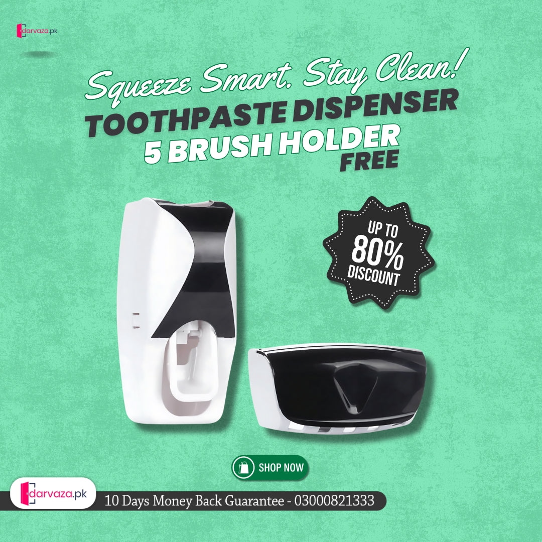 Automatic Toothpaste Dispenser Squeezer Hands Free Set and 5 Toothbrush Holder