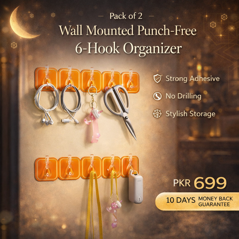 (Pack of 2) Wall Mounted Punch Free Strong Self Adhesive Stylish 6 Hook in Row For Home and Outdoor Use