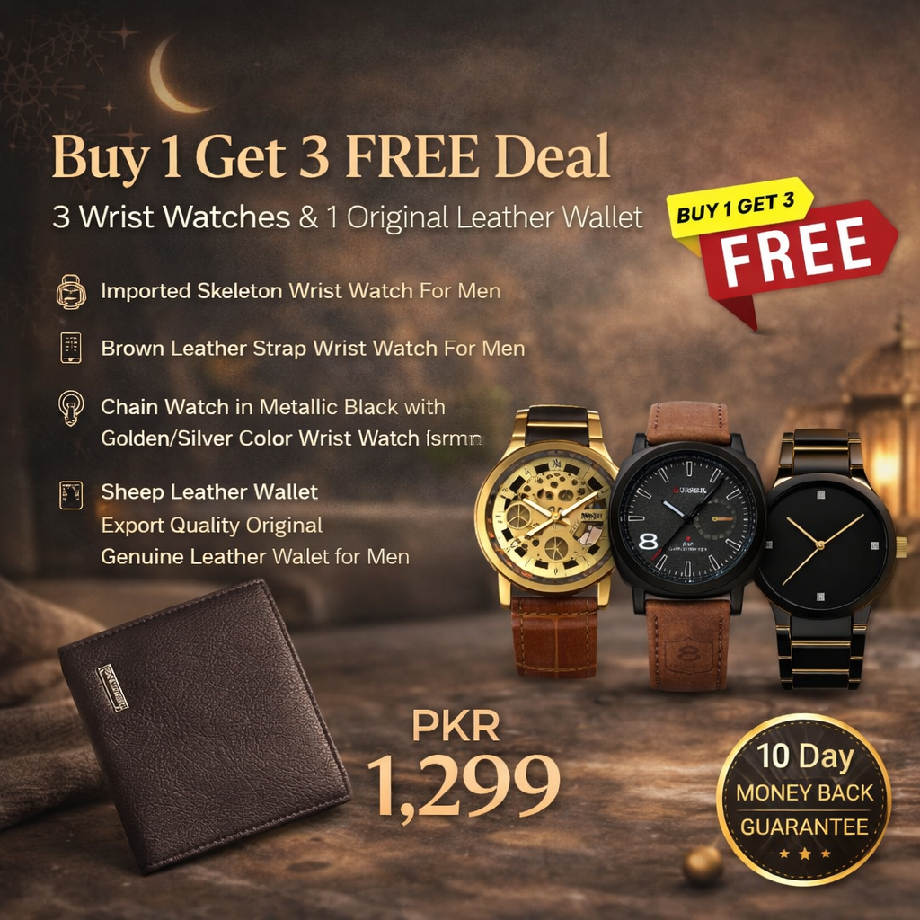 Buy 1 Get 3 Free Deal 3 Wrist Watches & 1 Original Leather Wallet
