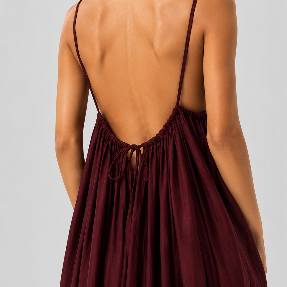 Maroon Backless Cami Gathered Maxi Dress with Back Flow
