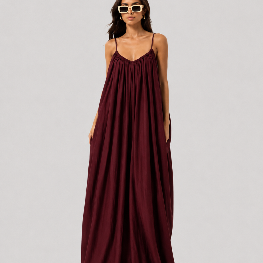 Maroon Backless Cami Gathered Maxi Dress with Back Flow