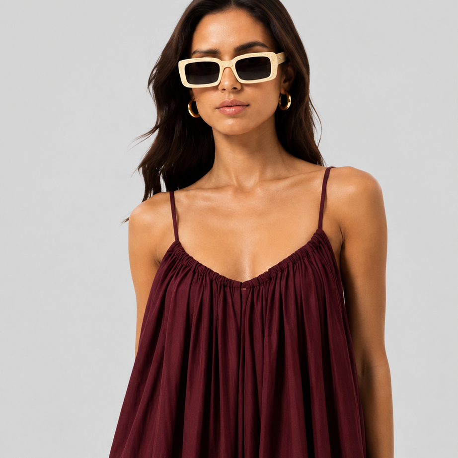 Maroon Backless Cami Gathered Maxi Dress with Back Flow
