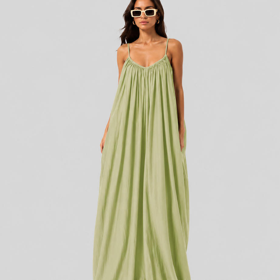 Pistachio Backless Cami Gathered Maxi Dress with Back Flow