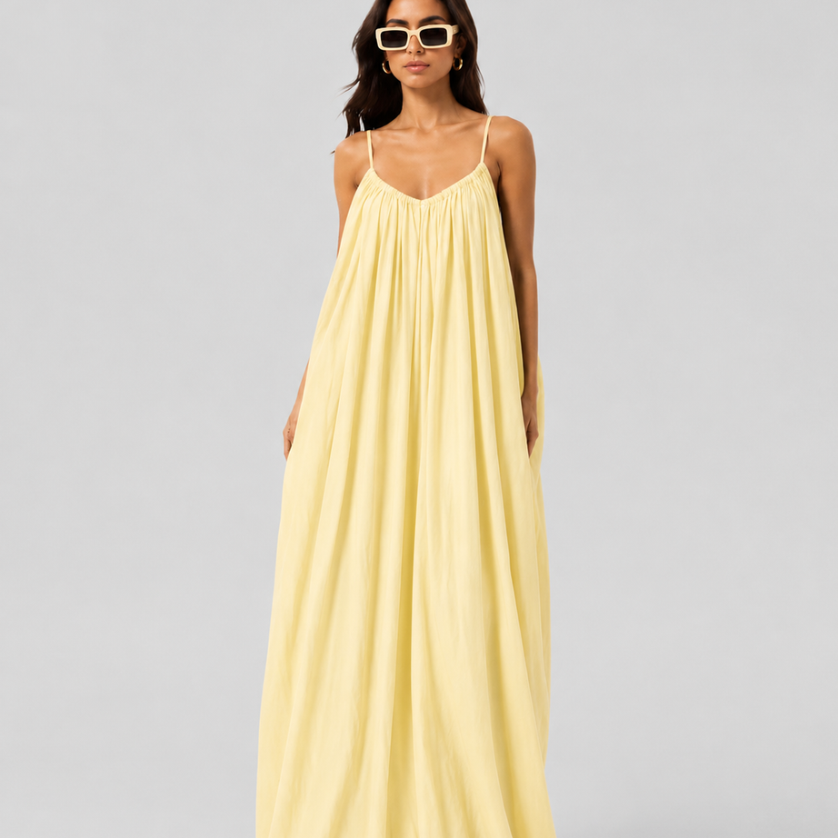 Yellow Backless Cami Gathered Maxi Dress with Back Flow