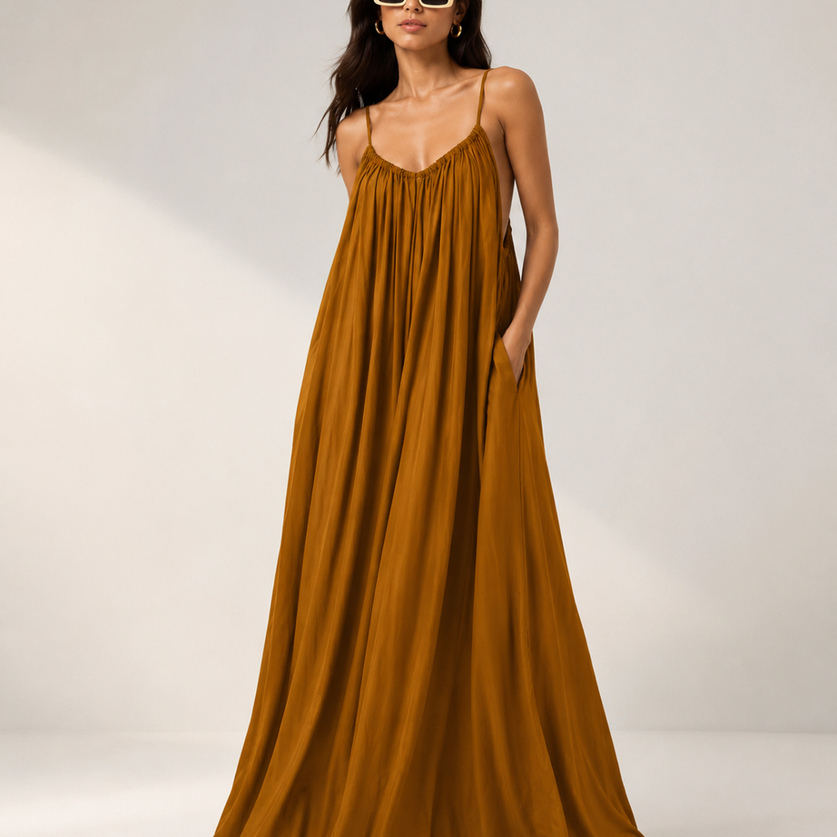 Premium Gathered Maxi Dress – Spaghetti Strap Long Backless Cami (Summer | Maternity | Nightwear Comfort Fit)