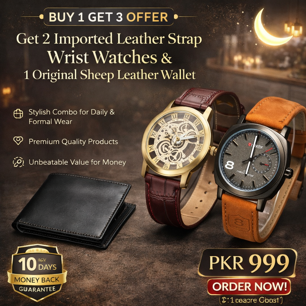 Buy 1 Get 2 Free Deal 2 Imported Leather Strap Wrist Watches & Original Leather Wallets For Men