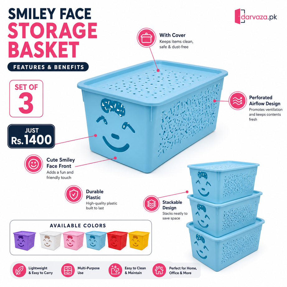 Set of 3 Smiley Face Storage Basket With Cover