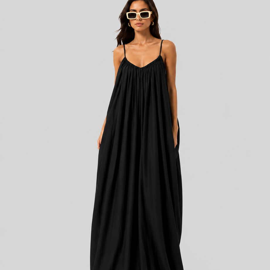 Black Backless Cami Gathered Maxi Dress with Back Flow