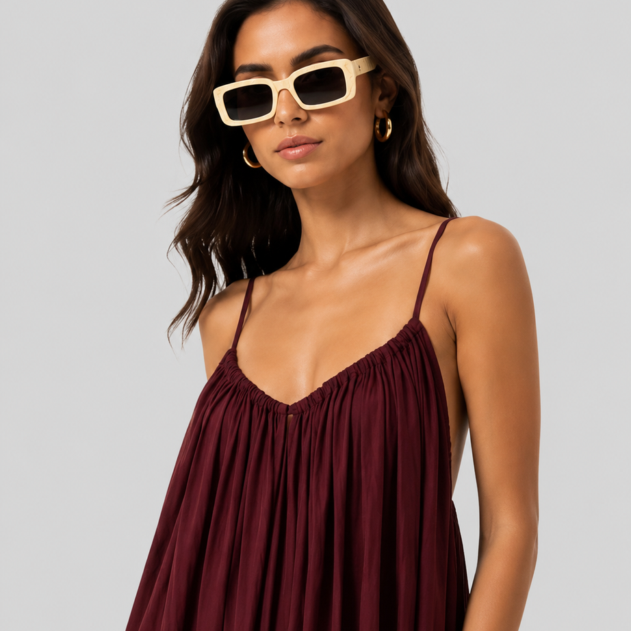 Maroon Backless Cami Gathered Maxi Dress with Back Flow