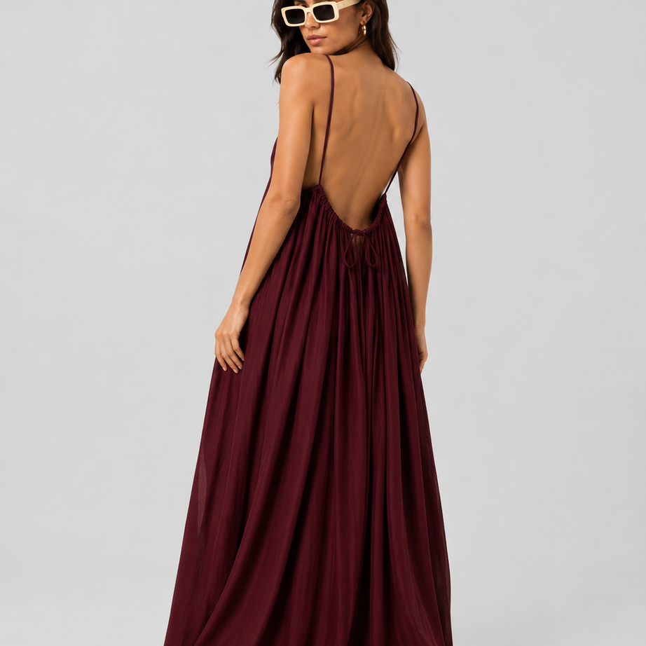 Maroon Backless Cami Gathered Maxi Dress with Back Flow