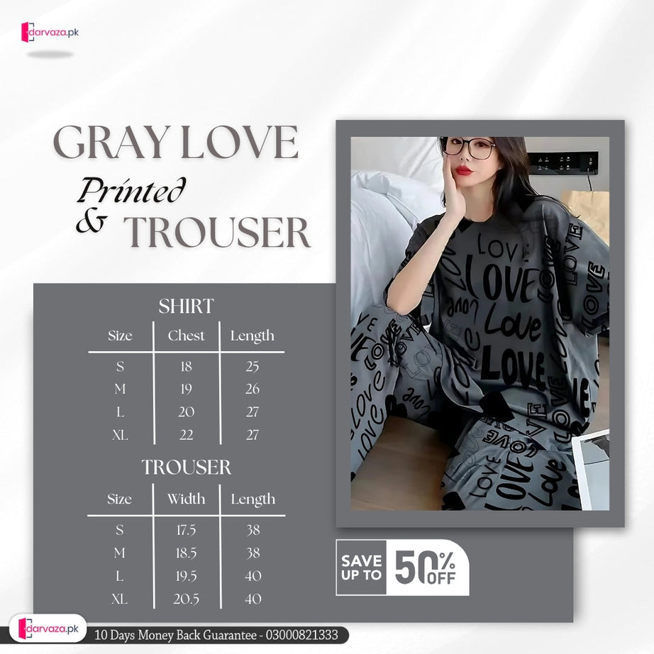 Gray Love Printed Shirt and Trouser Nightwear