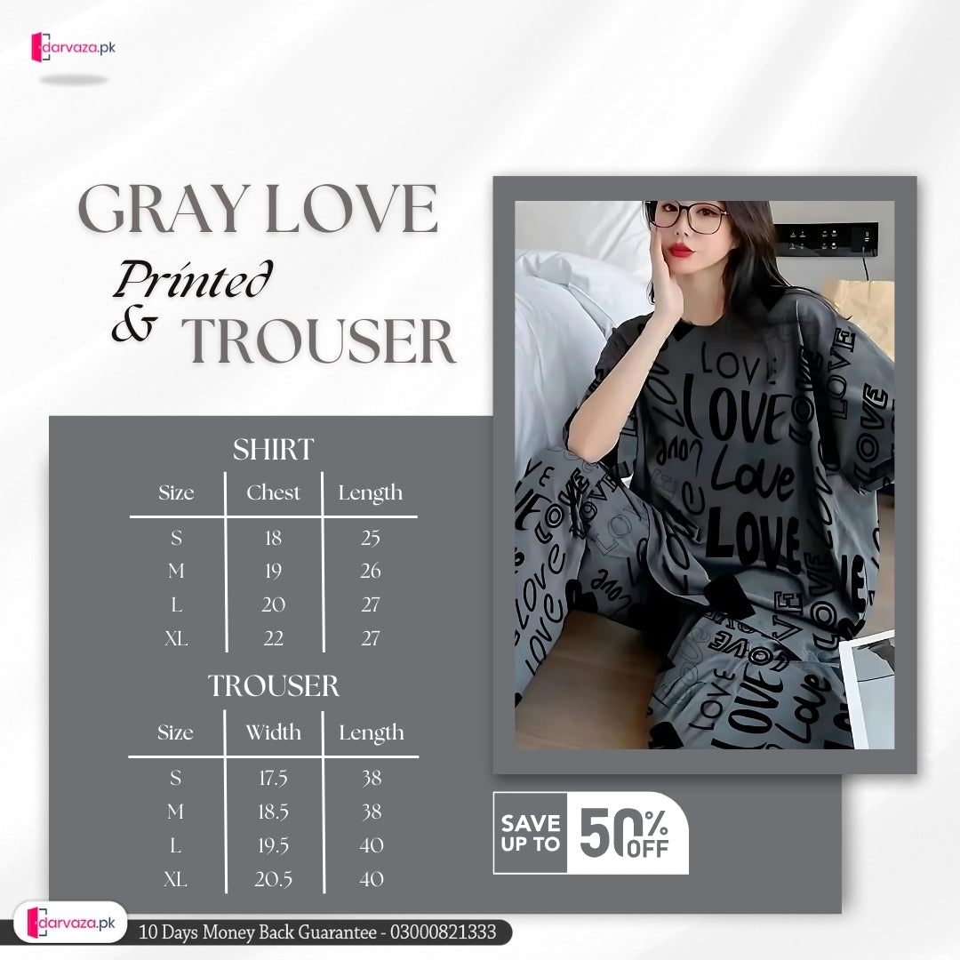 Gray Love Printed Shirt and Trouser Nightwear