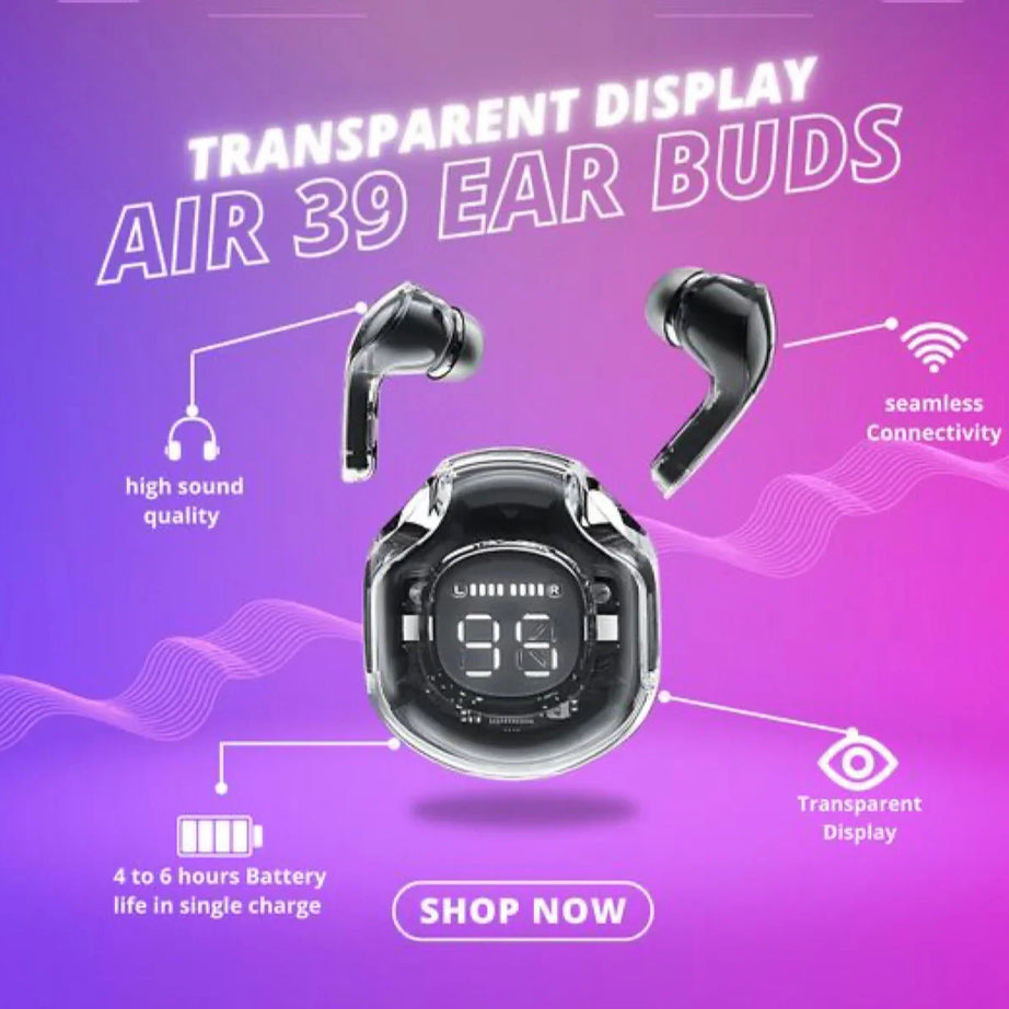 Air39 Wireless Earbuds With Crystal Clear Sound, Bluetooth 5.3, Transparent Case, Heavy Bass Stereo Sound