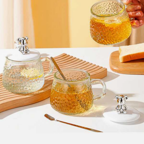 Cute and Creative Heat Resistant Bear Glass Tea Cup Coffee Milk Drinking Set with Lid and Straw in just Rs 899