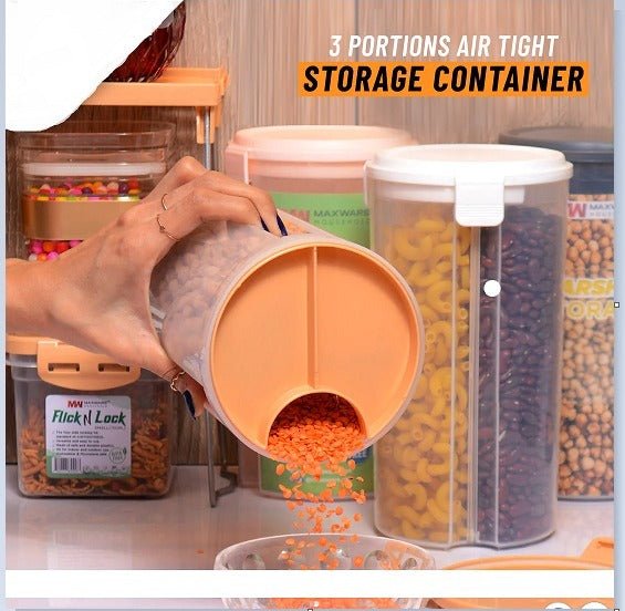 Multi-purpose 3 in 1 Storage Jar with Three Portion Compartment Air Tight Storage Food Storage