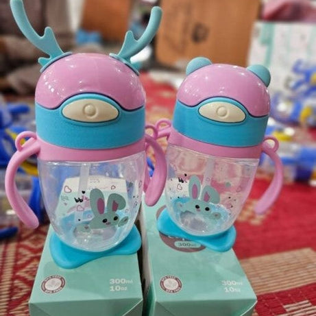 Portable Stain Resistant Kids Cute Bear Cartoon Straw Cup Water Bottle with Carry Strap and Measurement Marks For Children