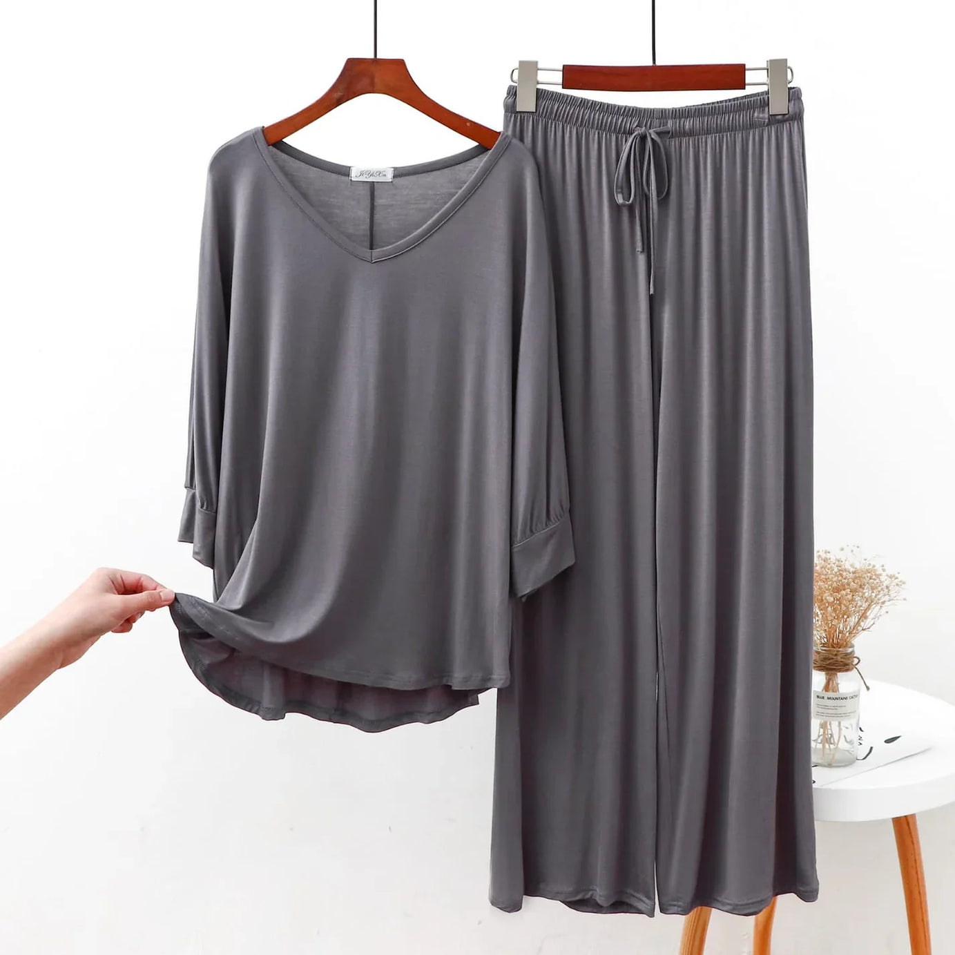 Plain Gray V-Neck with Plazzo Pajama Full Sleeves Suit
