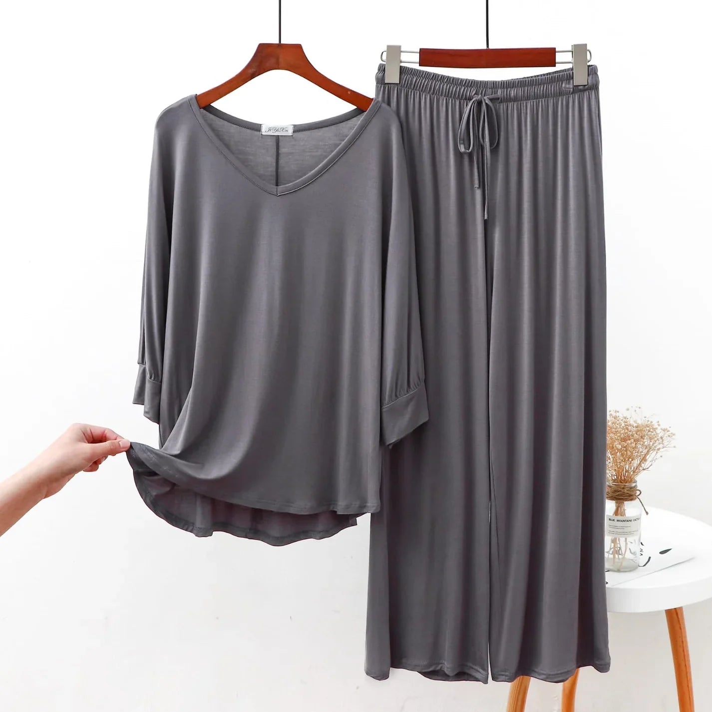 Plain Gray V-Neck with Plazzo Pajama Full Sleeves Suit