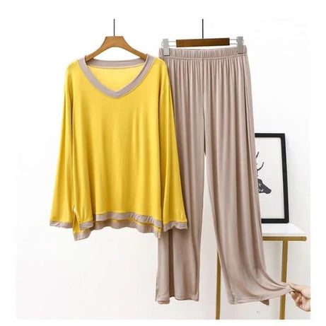 Yellow V-Neck T-Shirt with Contrast Trouser PJ Set