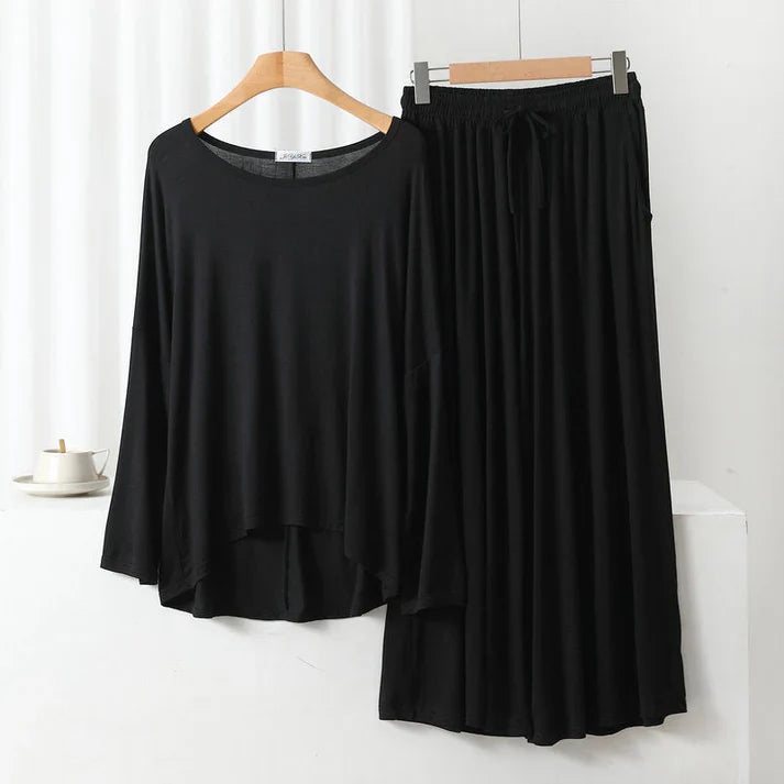 Deep Black Round Neck Plazzo PJ Set