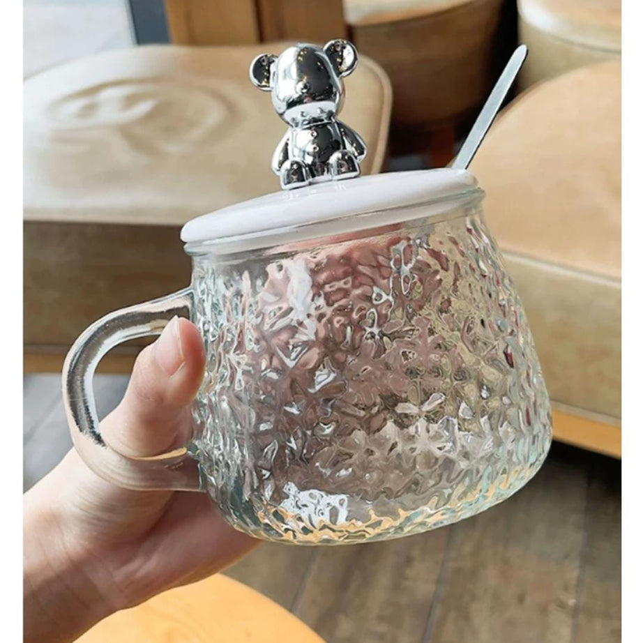 Cute and Creative Heat Resistant Bear Glass Tea Cup Coffee Milk Drinking Set with Lid and Straw in just Rs 899