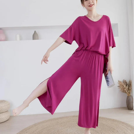 Shocking Pink V-Neck Quarter Sleeves with Cut Style Pajama