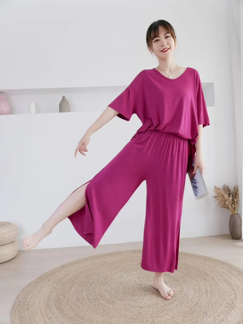 Shocking Pink V-Neck Quarter Sleeves with Cut Style Pajama