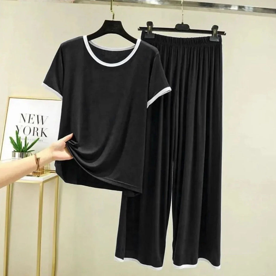 Plain Black T-Shirt with White Round Neck and Plazzo Pajama (Half Sleeve)