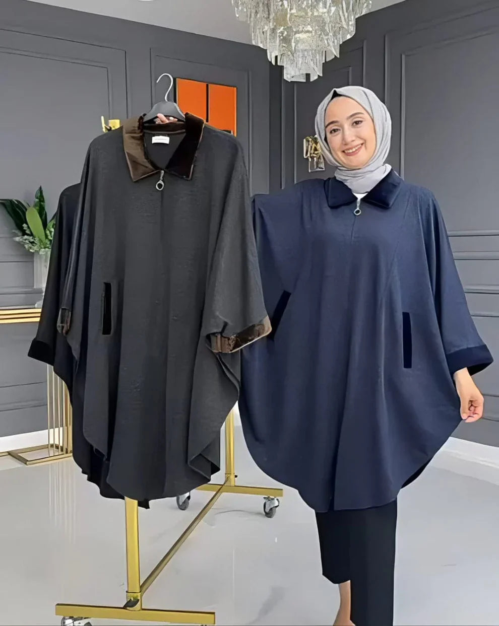 Zipper Shawl Poncho with Cozy Neck