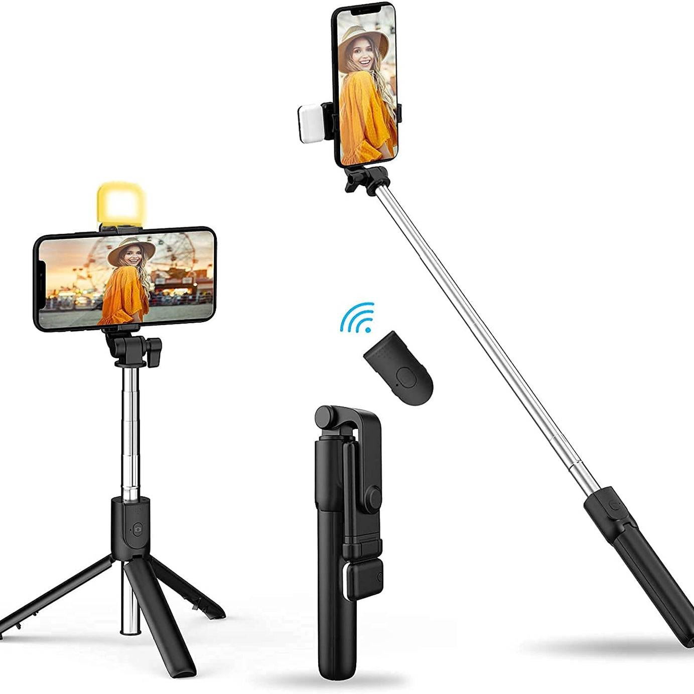 4 in 1 R1S Stainless Steel Selfie Stick Tripod with Wireless Remote for Live Streaming & Video Recording