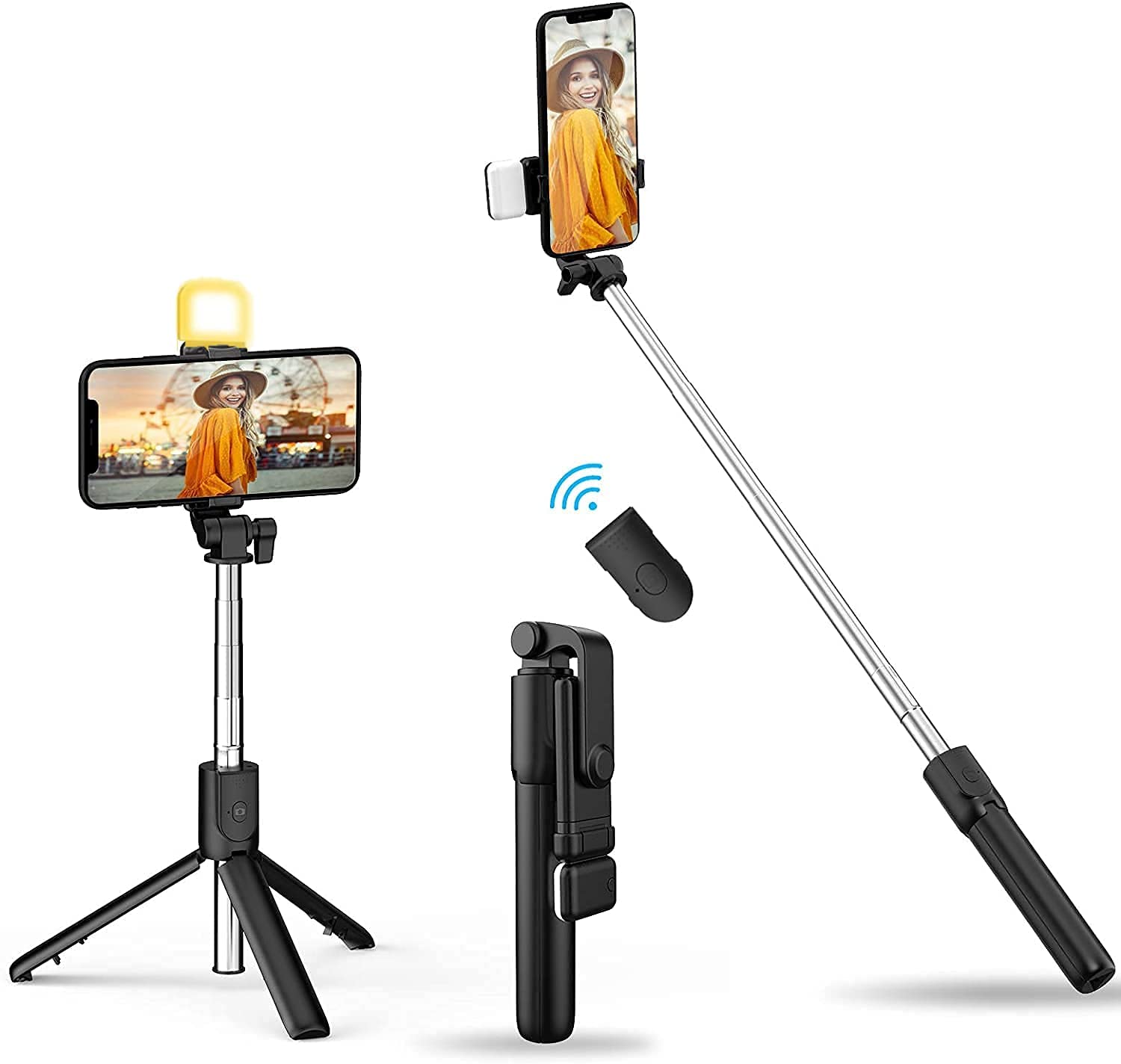 4 in 1 R1S Stainless Steel Selfie Stick Tripod with Wireless Remote for Live Streaming & Video Recording