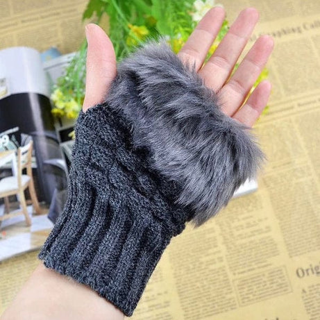 Winter Faux Fur Warm Knitted Half Finger Gloves Pair For Women