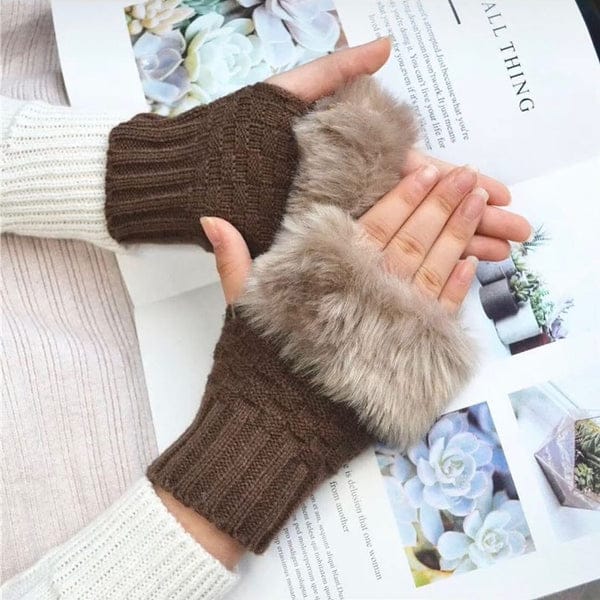 Winter Faux Fur Warm Knitted Half Finger Gloves Pair For Women