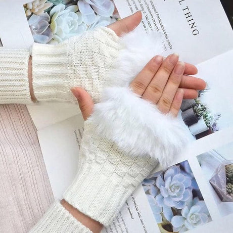 Winter Faux Fur Warm Knitted Half Finger Gloves Pair For Women