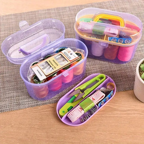 Portable Sewing Kit Storage Box with Handle Durable Plastic Organizer for Threads Needles and Accessories