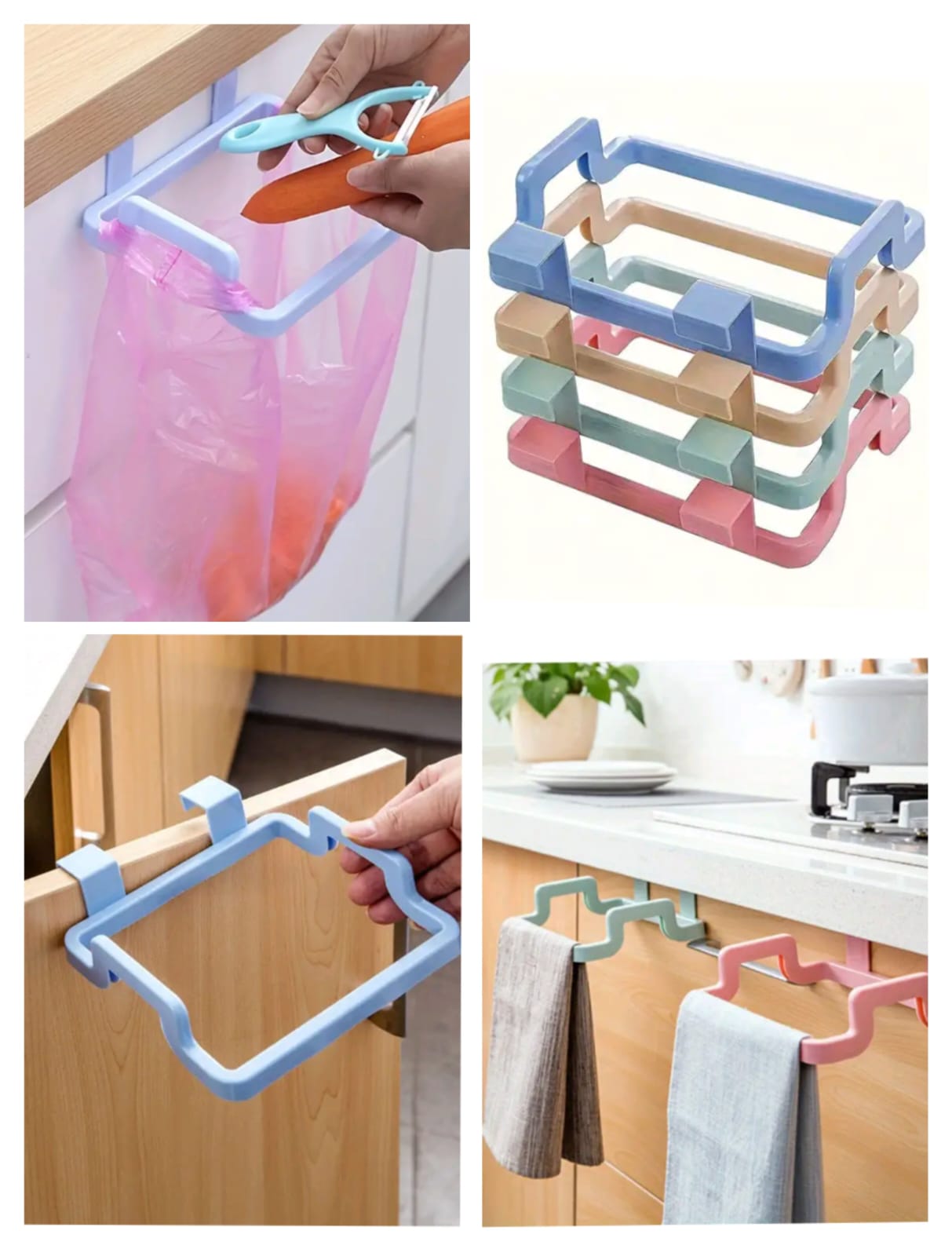 (Pack of 3) Reusable Plastic Bag Holder Rack Over the Cabinet Garbage Container For Kitchen and More