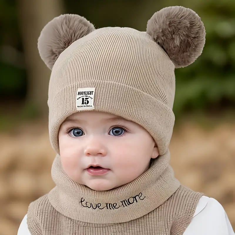 Woolen Warm Double Pom Pom Cap Beanie Hat and Muffler Winter Accessories for Baby Boys and Girls